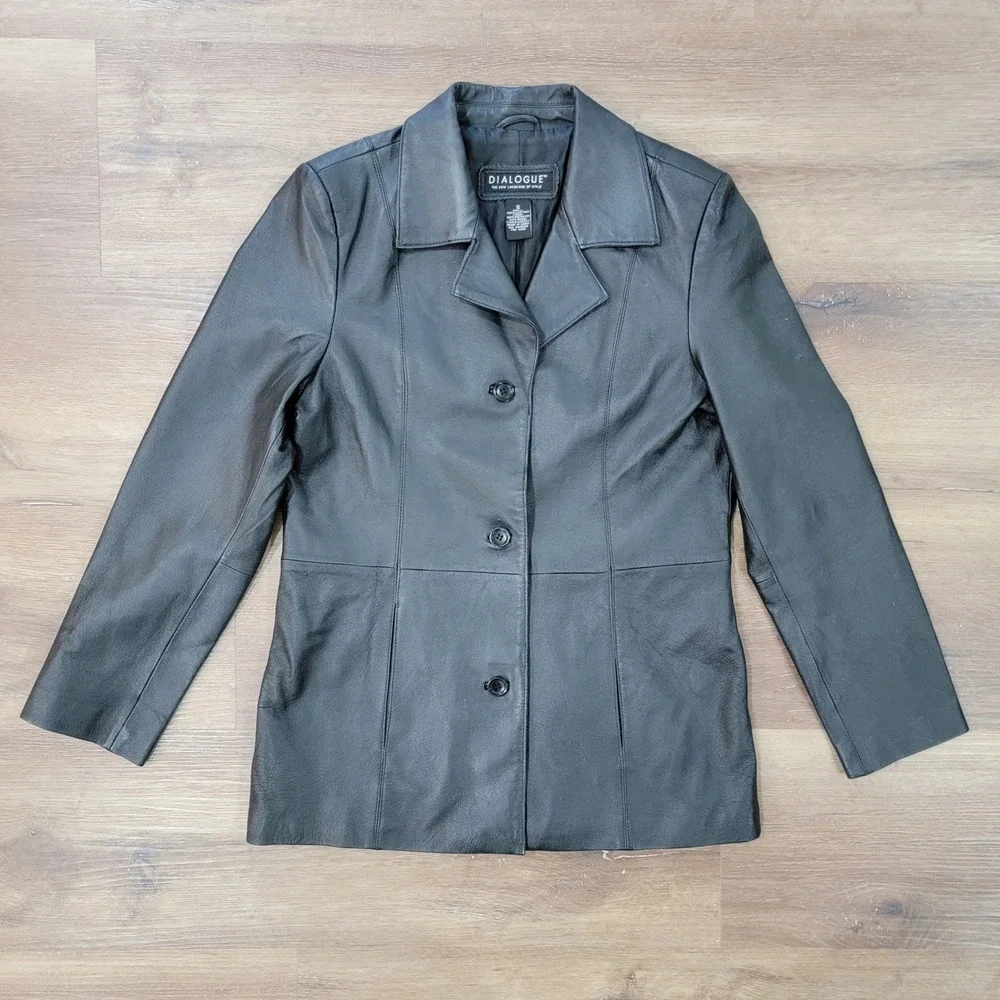 Dialogue Genuine Black Leather Jacket Coat Button Front Pockets Women's Sz Small
